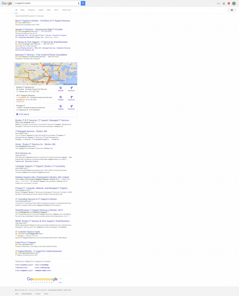 page one google map pack and organic seo rankings for keyword it support in boston