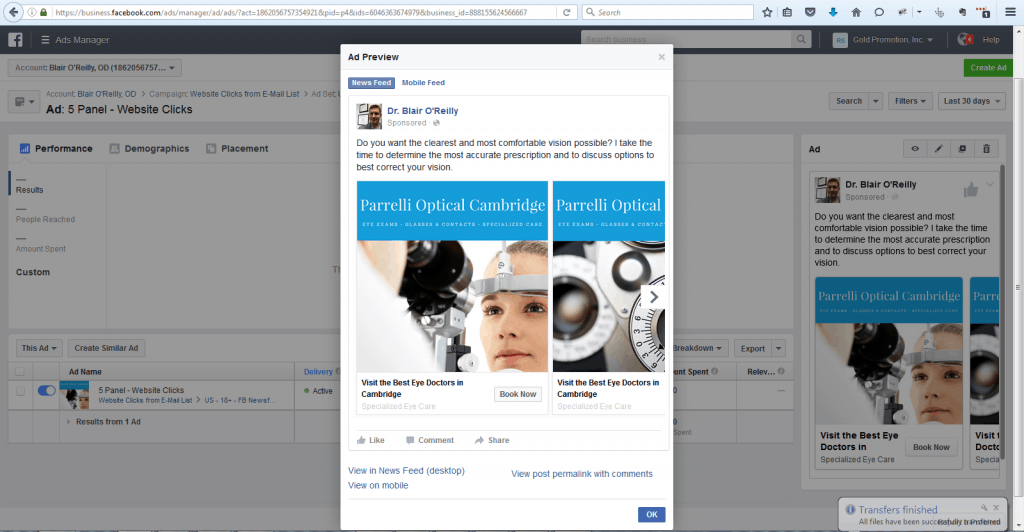 facebook ad campaign setup for parrelli optical cambridge