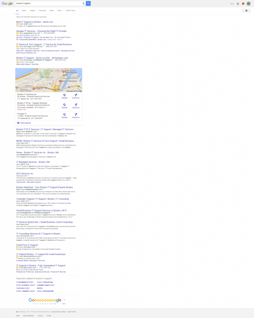 page one google organic keyword ranking for boston it support