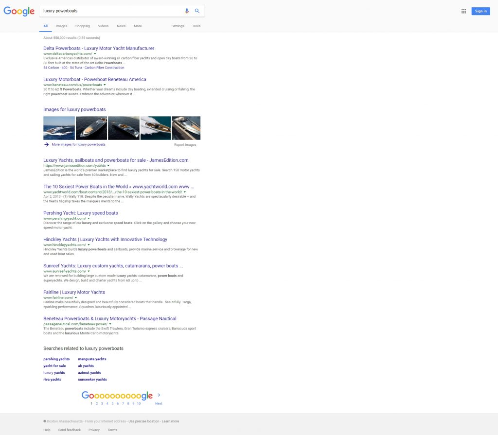 luxury powerboats number one organic search ranking results