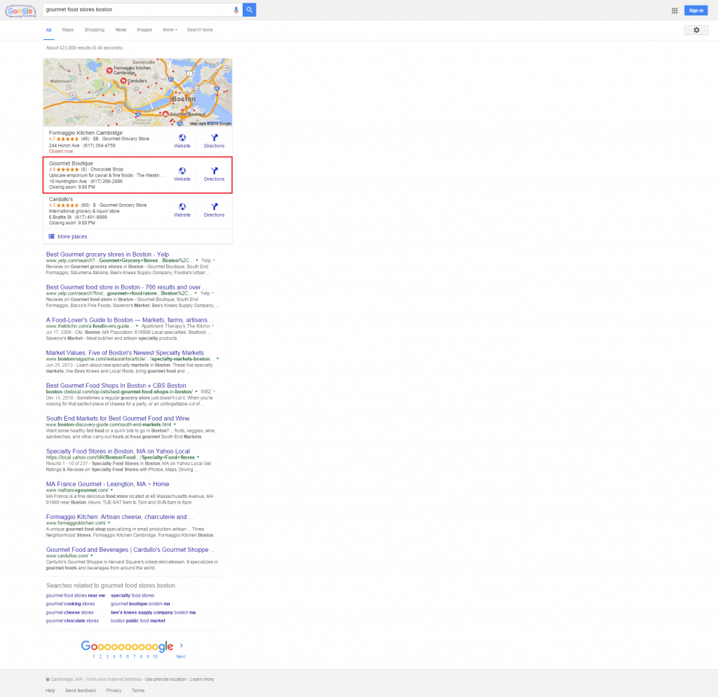 keyword gourmet food stores boston google serp seo campaign